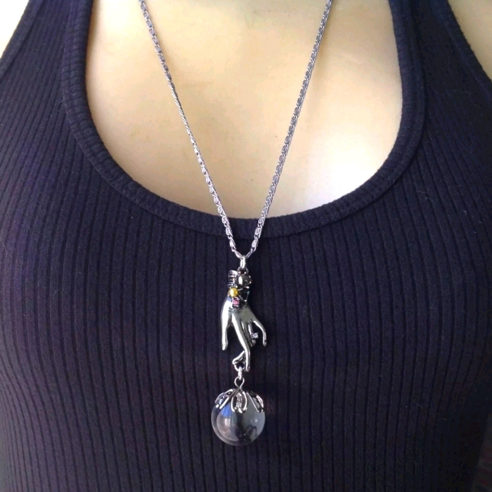 Vintage super unique crystal ball in hand necklace witchy. Hand Crafted.